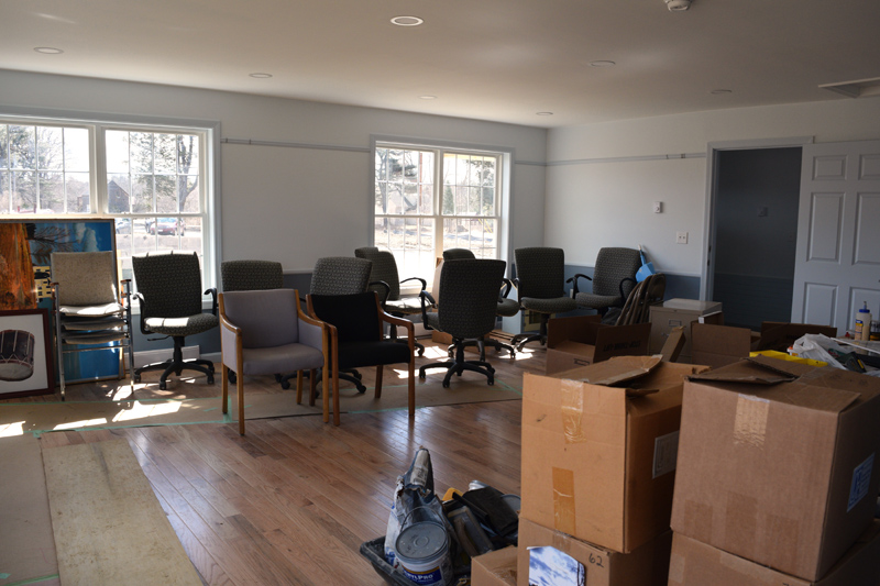 The meeting room at Alna's new town office, as moving continues. (Jessica Clifford photo)