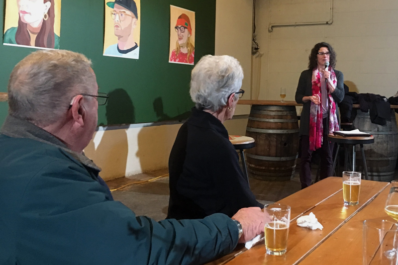 Newcastle native Belinda Ray (right) announces her campaign for mayor at Oxbow Blending and Bottling in Portland on Jan. 31 as her parents, Allan and Janet Ray, of Newcastle, look on. (Photo courtesy Belinda Ray)