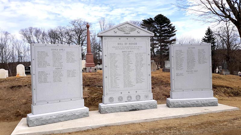 South Bristol's new three-part veterans memorial is complete after a full day of setting stones and sealing joints. The memorial at the West Bristol Cemetery in Walpole honors local veterans from World War I and II, Korea, Vietnam, and the Persian Gulf. (Candy Congdon photo)