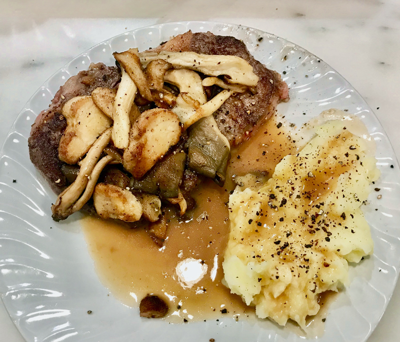 Caroline cut a steak from her rib-eye roast, pan-fried it, and smothered it with mushrooms, pan-fried in butter. (Photo courtesy Caroline Canning)