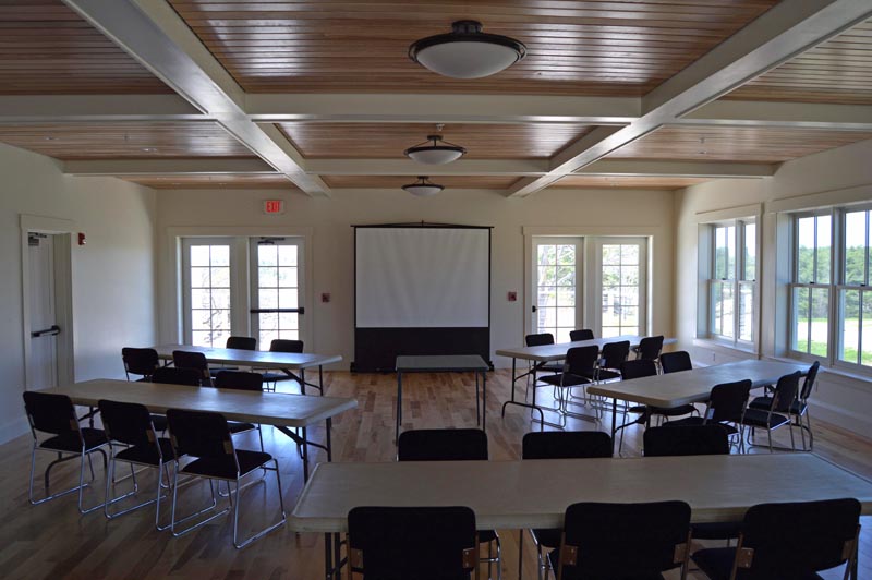 The David Moses Bridges Education Hall at Coastal Rivers Conservation Trust headquarters at Round Top Farm. All the wood in the hall is birch in honor of the late birch bark canoe craftsman. (Evan Houk photo)