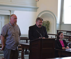 From left: Michael E. Holbrook, defense attorney Richard Elliott, and District Attorney Natasha Irving attend a hearing at the Lincoln County Courthouse in Wiscasset on Monday, May 13. Holbrook was sentenced for attempted murder and arson. (Jessica Clifford photo)