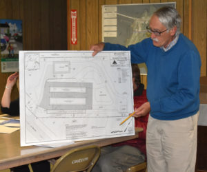 Newcastle architect George Parker presents Ben Ellinwood's plans to add three self-storage buildings at Rock Solid Storage to the Edgecomb Planning Board on Thursday, May 16. (Alexander Violo photo)