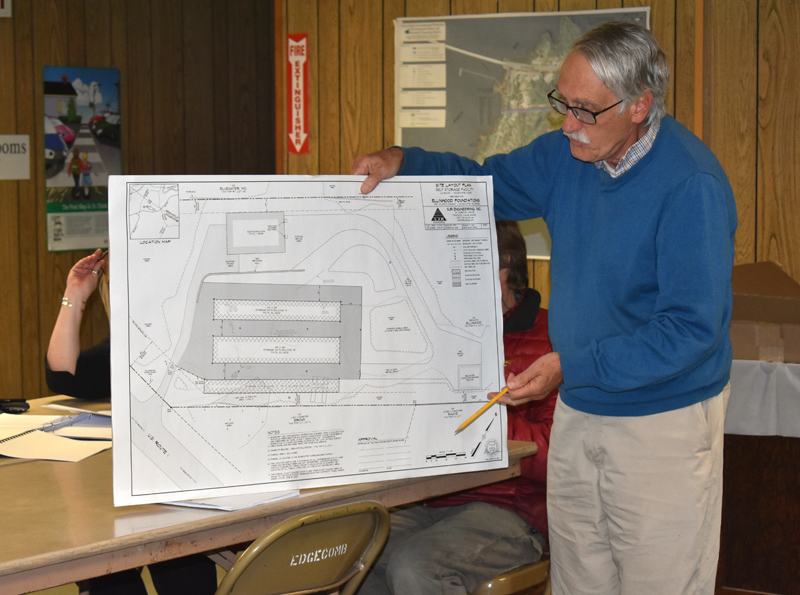 Newcastle architect George Parker presents Ben Ellinwood's plans to add three self-storage buildings at Rock Solid Storage to the Edgecomb Planning Board on Thursday, May 16. (Alexander Violo photo)