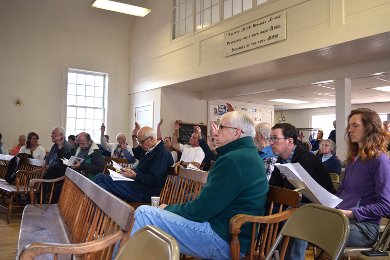 Edgecomb residents vote on an article in the early hours of town meeting. (Jessica Clifford photo)