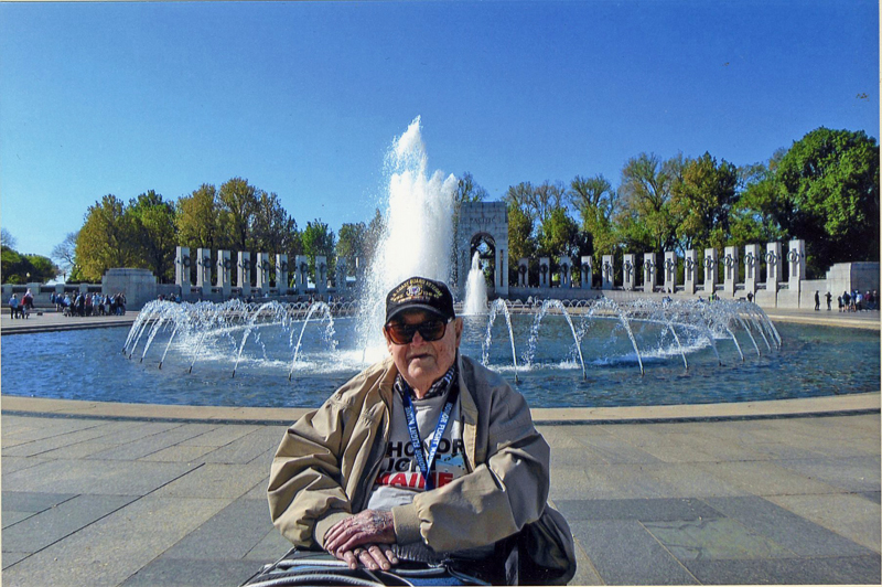 World War II veteran Eugene Walsh, 102, of Newcastle, in front of the World War II Memorial in Washington, D.C. on April 27. (Photo courtesy Marie Walsh)