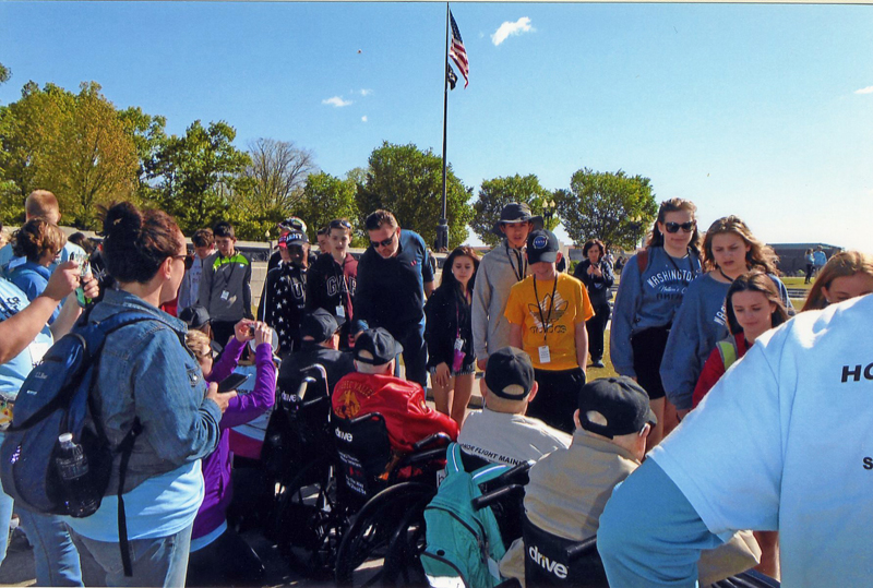 Students from Michigan and Wisconsin greet Maine veterans in Washington, D.C., including 102-year-old World War II veteran Eugene Walsh, of Newcastle (far right). (Photo courtesy Marie Walsh)