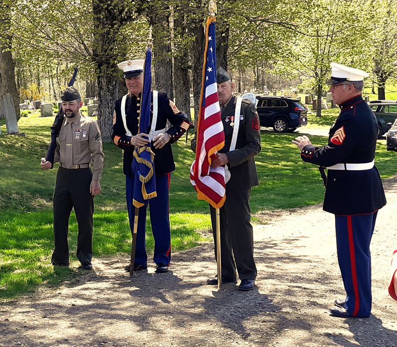 A color guard prepares to present the colors during the dedication of the South Bristol veterans memorial Sunday, May 26. From left: Scott Dodge II, Floyd Seiders, Gary Pitcher, and Ralph Eugley Jr. (Candy Congdon photo)