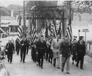 A Memorial Day parade crossing the street from Damariscotta into Newcastle. Dick Day leads the parade. (Photo courtesy Marjorie and Calvin Dodge)