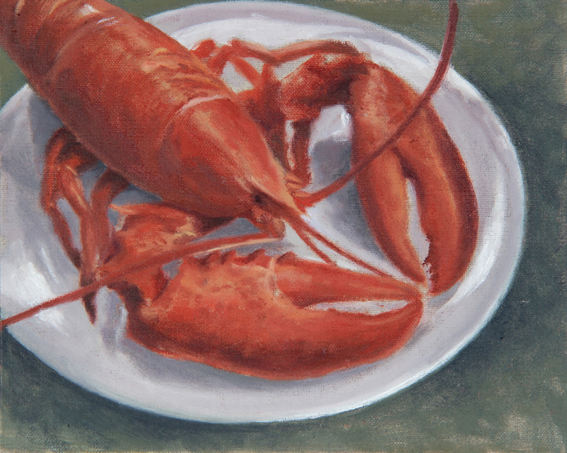 Lobster Dinner," oil on linen panel, by Will Kefauver. This painting could be considered both a still life and an image of Maine wildlife!