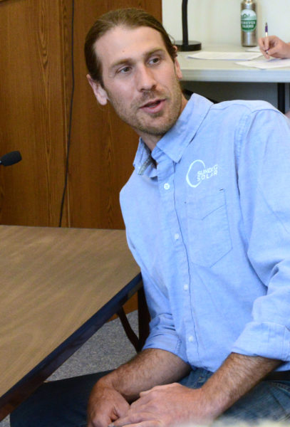 Sundog Solar LLC co-owner Danny Piper answers questions during a public hearing at the Damariscotta town office June 19. (Evan Houk photo)