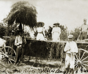 A historic photo, showing Francis Kennedy and family bringing in the hay in Somerville, Maine in 1913.