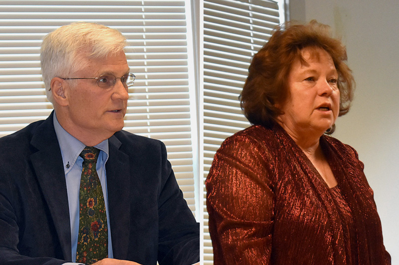 Robert Butler and Sandra O'Farrell participate in a candidates forum at the Waldoboro municipal building Thursday, May 30. Butler and O'Farrell are running for a three-year term on the board of selectmen. (Alexander Violo photos)