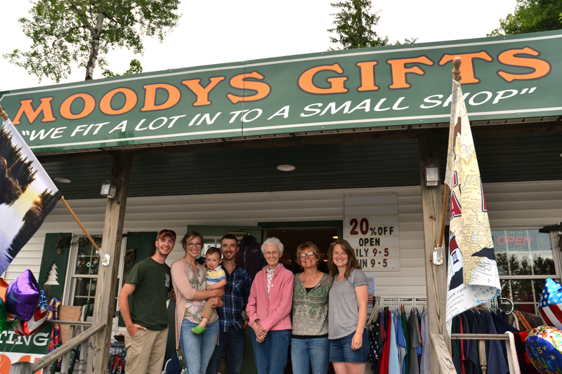 Moody's Gifts was founded as a family business in May 1998 and remains such today. From left: Kyle Olson, Abby Braley, Bowen Braley, Alex Braley, Nancy Genthner, Mary Olson, and Jasmine McNelly. (Maia Zewert photo)