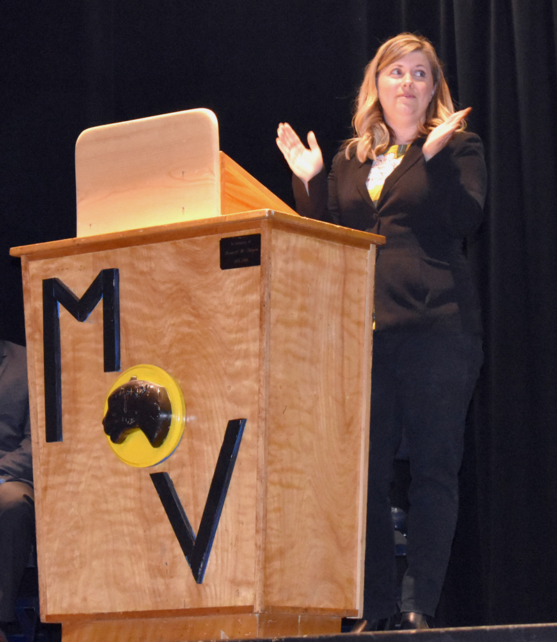 RSU 40 Adult Education Director Kayla Sikora welcomes graduates to a ceremony at Medomak Valley High School on Wednesday, May 29. (Alexander Violo photo)