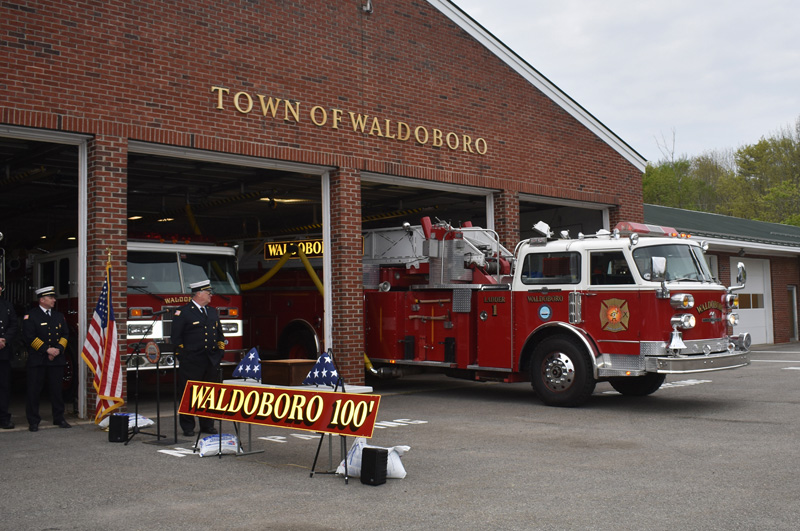Waldoboro Ladder 1 exits the fire station for its decommissioning ceremony Saturday, June 1. (Alexander Violo photo)