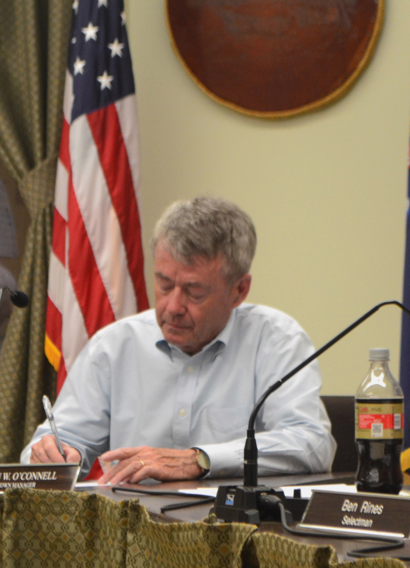Wiscasset Town Manager John O'Connell takes notes during a selectmen's meeting at the town office Tuesday, June 4. O'Connell is now the permanent town manager after four months in an interim role. (Charlotte Boynton photo)