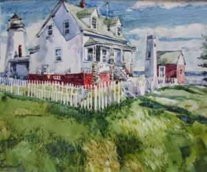 A watercolor painting of the Pemaquid Lighthouse.