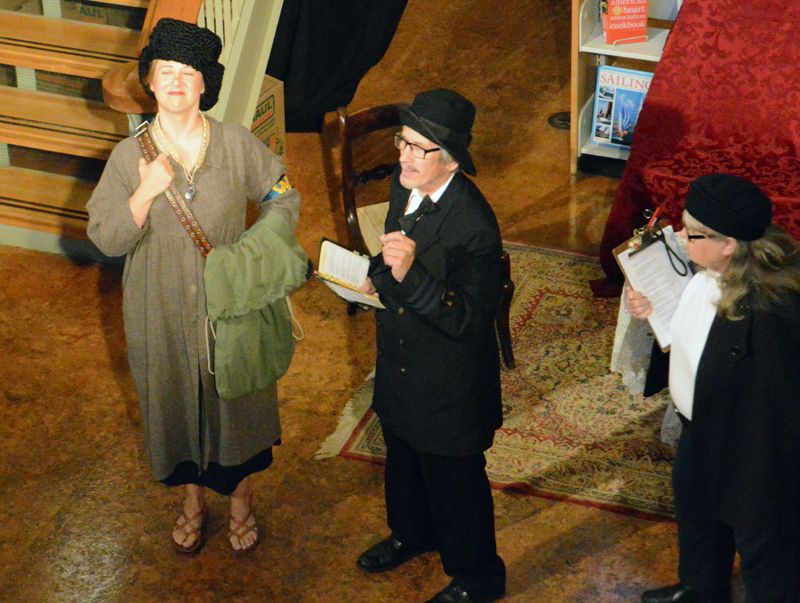 The surprise comedic duo of Mike and Beth Rowe as dimwitted Dogberry and Vergina (right) indoctrinate Georgina Seacoal (left), played by first-time actress Jelena Godrujan, into the constabulary in the River Company production of "Much Ado About Nothing" on July 26. (Evan Houk photo)