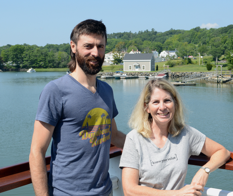 Chef Jon Merry and owner Eleanor Kinney stand on the deck of their new restaurant, River House, on the Damariscotta River next to the Twin Villages bridge in Damariscotta. (Evan Houk photo)