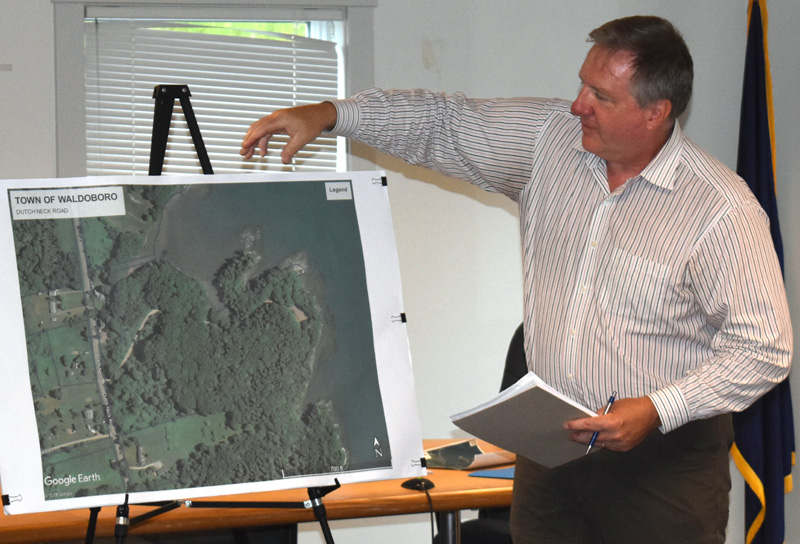 William Lane, vice president of Gartley & Dorsky Engineering & Surveying Inc., discusses proposed improvements to the Dutch Neck landing during a public hearing in Waldoboro on Monday, July 22. (Alexander Violo photo)