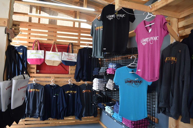 T-shirts, sweatshirts, and tote bags for sale at Lobstaholic. (Jessica Clifford photo)