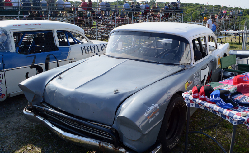 Two vintage race cars from the early days of the Wiscasset Speedway are on display at the track's 50th anniversary celebration Saturday, July 27. (Evan Houk photo)