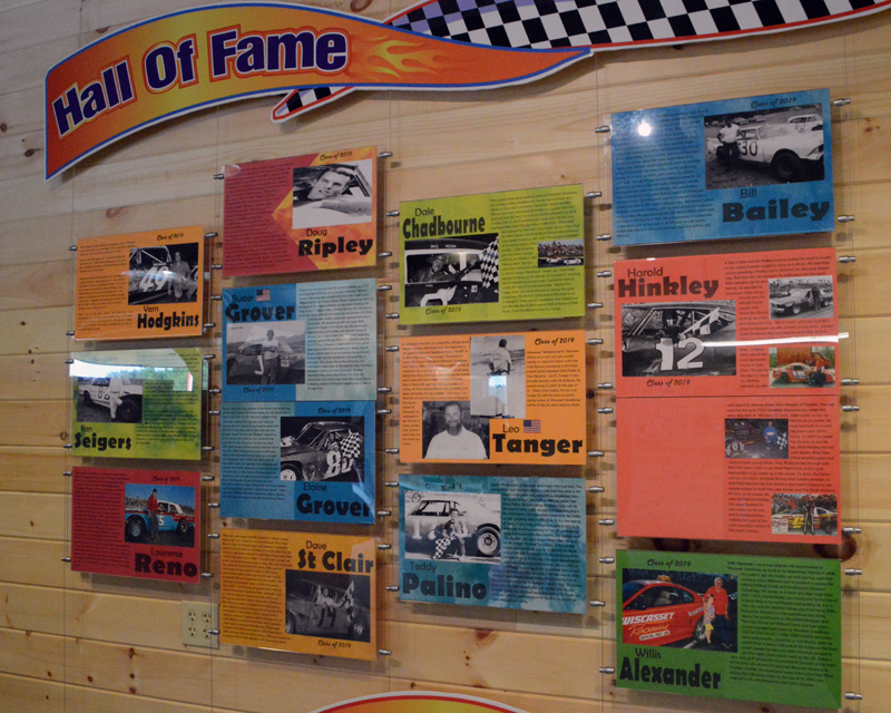 The new Wiscasset Speedway Hall of Fame display next to the souvenir shop. The track inducted the first class as part of its 50th anniversary festivities. (Evan Houk photo)