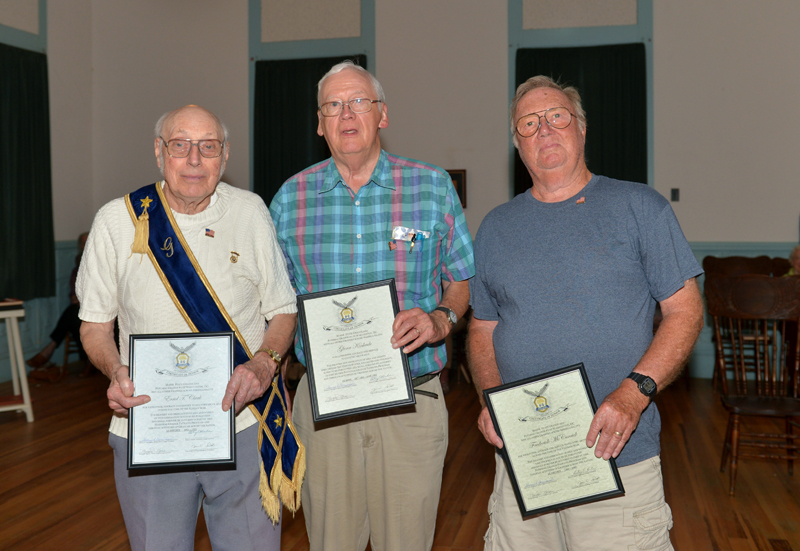 Three Willow Grange members are presented National Grange sentiments of gratitude for their military service, including (from left) Errol T. Clark, Glenn Kinkade, and Frederick "Skip" McCarrick. (Paula Roberts photo)