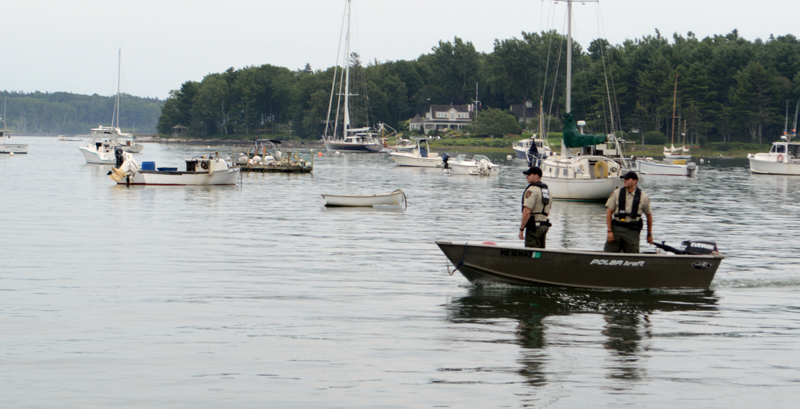 Maine Marine Patrol personnel search Round Pond Harbor for a missing Bremen man the morning of Tuesday, Aug. 13. Glenn Murdoch, 63, was reported missing the previous night. (Evan Houk photo)