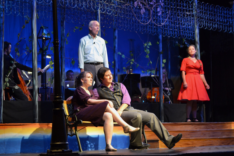 Andrew Fenniman (standing) sings "That's the Way it Happens," from the 1945 Rodgers and Hammerstein musical "State Fair," in a scene from "A Grand Night for Singing" with Emily Sue Barker and Roosevelt "Robo" Bishop (seated) as Laurie Brown looks on. (Christine LaPado-Breglia photo)