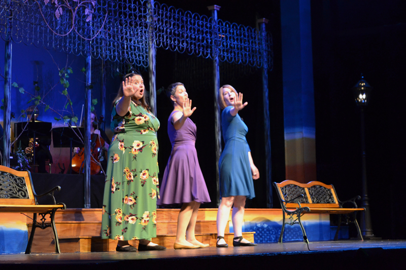 From left: Emily Mirabile, Victoria Hamilton, and Carissa McCurdy perform the song "I'm Gonna Wash That Man Right Outta My Hair," from the 1949 Broadway musical "South Pacific," during the LCCT production of "A Grand Night for Singing" on the evening of Thursday, Aug. 15. (Christine LaPado-Breglia photo)