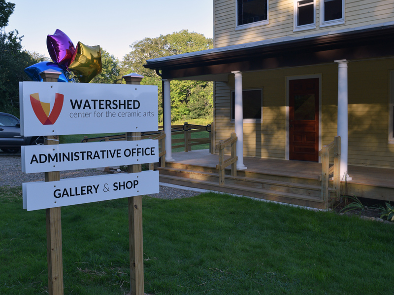 The sign in front of the newly renovated Watershed Center for the Ceramic Arts building, which will serve as an administrative office as well as a gallery and shop. (Jessica Clifford photo)