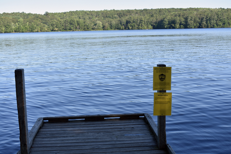 A notice on the end of the dock at the state boat launch on Damariscotta Lake in Jefferson informs boaters of the facility's closure. (Alexander Violo photo)