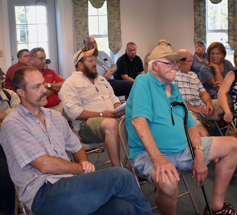 Members of the Jefferson School Committee attend a meeting of the Jefferson Board of Selectmen on Monday, Aug. 12. From left: Wayne Parlin, Walter Greene-Morse, and Al Vorhis. (Alexander Violo photo)