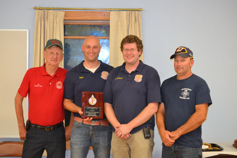 Members of the Damariscotta Fire Department Rescue-Pumper Truck Committee pose with the Unit Citation Award. From left: Deputy Chief James Hall, Fred Brewer, Chief John Roberts, and 1st Assistant Chief Jon Pinkham. Missing from photo: Lt. Chad Cowan, Rob Genthner, and 2nd Assistant Chief Josh Pinkham. (J.W. Oliver photo)