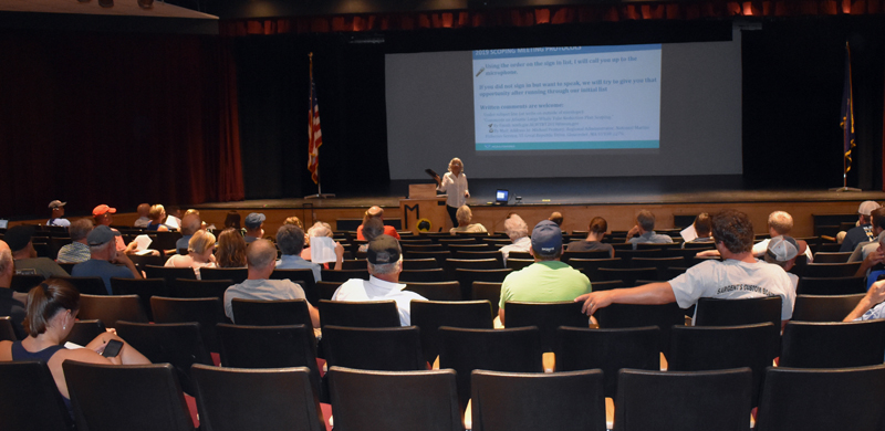 Midcoast lobstermen and politicians attend a meeting about potential new federal rules for the lobster industry at Medomak Valley High School in Waldoboro on Wednesday, Aug. 14. (Alexander Violo photo)