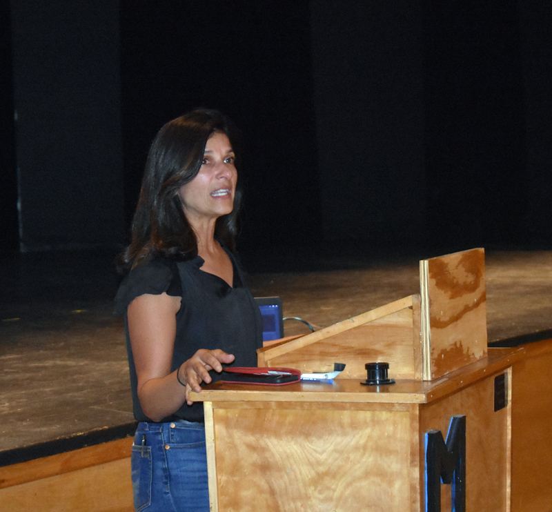 U.S. Senate candidate Sara Gideon, of Freeport, speaks in support of the lobster industry during a meeting at Medomak Valley High School in Waldoboro on Wednesday, Aug. 14. (Alexander Violo photo)