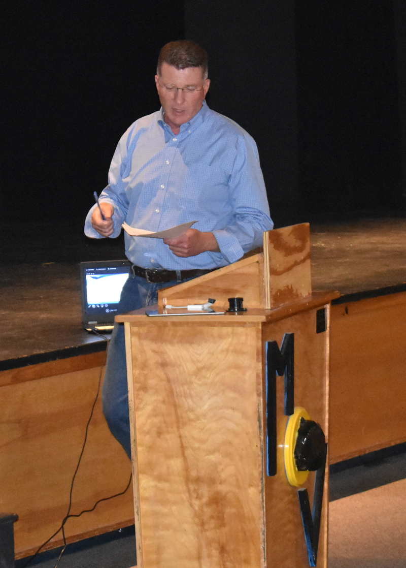 Maine Department of Marine Resources Commissioner Patrick Keliher speaks at Medomak Valley High School in Waldoboro on Wednesday, Aug. 14. The meeting was about potential new restrictions on lobster gear related to right whales. (Alexander Violo photo)