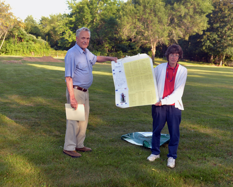 Ed Greiner and Ann Cough stand on the section of Plaisted Cemetery in Gardiner where they say 262 people were buried in unmarked graves, including at least 27 from Jefferson. They have spent countless hours researching the burials at Plaisted Cemetery and other unmarked graves in the Gardiner area. (Paula Roberts photo)