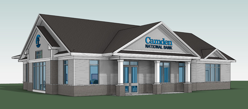 A rendering of the future Camden National Bank branch at 435 Main St. in Damariscotta. The bank will move from its current location at 4 Coastal Market Drive into the new building next spring. (Image courtesy Gretchen Williams/Camden National Bank)