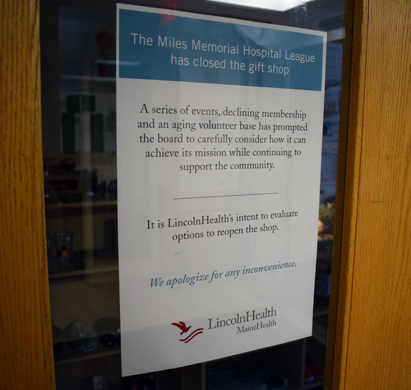 A sign on the door of the gift shop at LincolnHealth's Miles Campus announces its closure. The gift shop was run by the nonprofit Miles Memorial Hospital League. (Evan Houk photo)