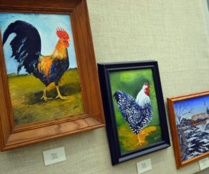 From left: "Rooster 3," "Wyandotte," and "Medomak River at Winslows Mills," by George Hayes. (Christine LaPado-Breglia photo)