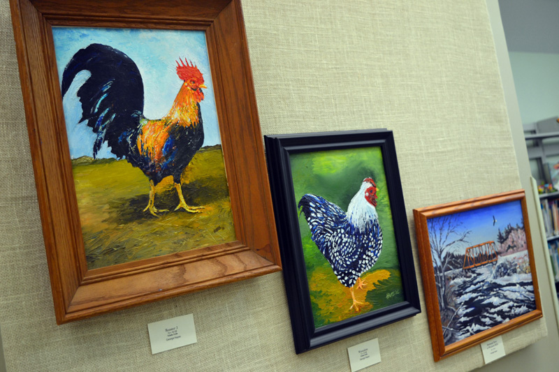 From left: "Rooster 3," "Wyandotte," and "Medomak River at Winslows Mills," by George Hayes. (Christine LaPado-Breglia photo)