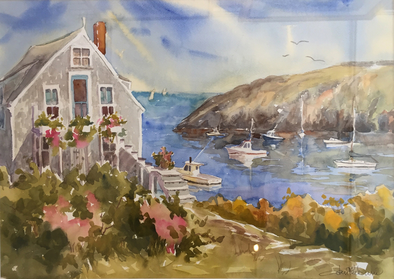 Jan Kilburn's watercolor painting "Monhegan Harbor." (Image courtesy Will Kefauver)