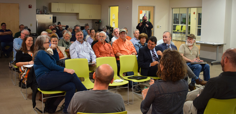 About 35 people attend a lively conversation about the future of high-speed internet access at the Central Lincoln County YMCA in Damariscotta on Tuesday, Sept. 24. (Evan Houk photo)