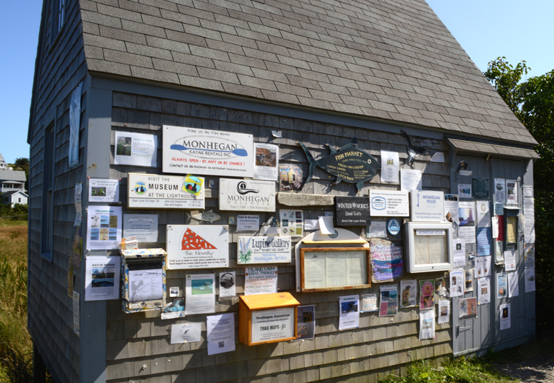 The rope shed/community bulletin board is one of nine buildings the Monhegan Island Sustainable Community Association owns. (Evan Houk photo)