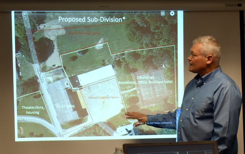 Portland developer Tim Wells shows a diagram of his plans for the A.D. Gray property. The diagram includes 21-27 housing units in the former middle school. (Alexander Violo photo)