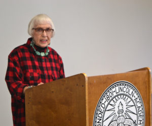 Whitefield author May Davidson addresses the audience at the book launch party for her new memoir, "Whatever It Takes," in June at Lincoln Academy in Newcastle. (Christine LaPado-Breglia photo, LCN file)