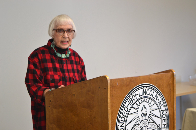 Whitefield author May Davidson addresses the audience at the book launch party for her new memoir, "Whatever It Takes," in June at Lincoln Academy in Newcastle. (Christine LaPado-Breglia photo, LCN file)